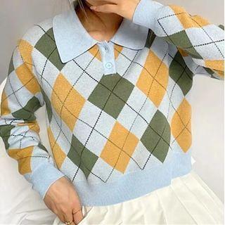 Plaid Two Tone Polo Neck Cropped Top
