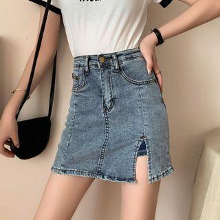 High-waist Side-slit Denim Mini Skirt