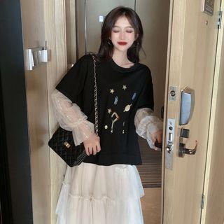 Mesh Panel Sleeve Embroidered Top / Mesh Midi Skirt