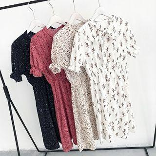 Print Short-sleeve Tie-neck A-line Dress
