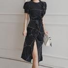 Puff-sleeve Dotted Drawcord Fitted Midi Dress