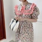 Puff-sleeve Layered Collar Frill Trim Floral Dress