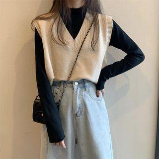 Long Sleeve Mock Neck Plain Top / V-neck Knit Vest