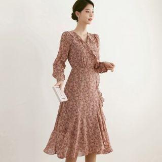 Ruffled Paisley Midi Chiffon Dress