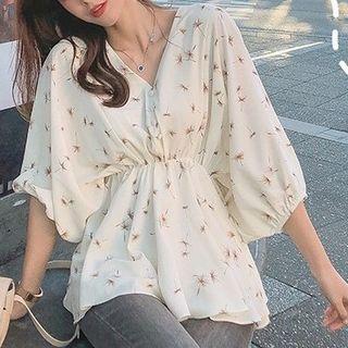 Elbow-sleeve Print Chiffon V-neck Blouse