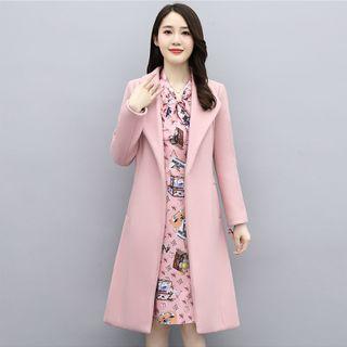 Set: Plain Coat With Sash + Print Midi A-line Dress