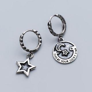 Non-matching 925 Sterling Silver Moon & Star Dangle Earring 1 Pair - Silver - One Size