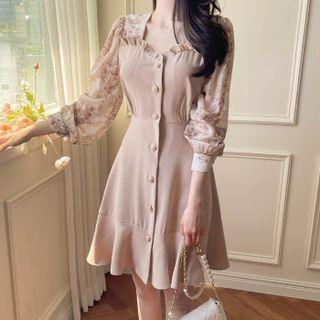 Floral Chiffon-panel Frilled Dress