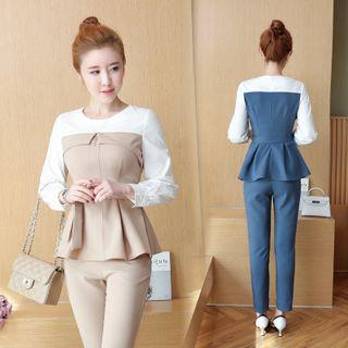 Set: Color Panel Long Sleeve Peplum Top + Pants