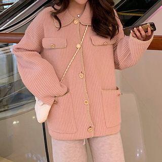 Tweed Trim Ribbed Cardigan / Wide Leg Knit Pants