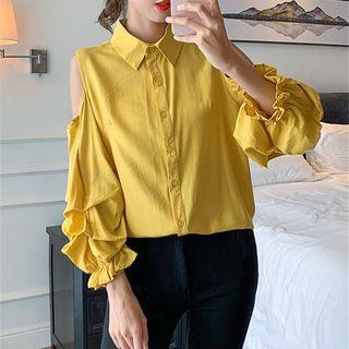 Puff-sleeve Off-shoulder Ruffled Plain Shirt