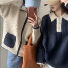 Lapel Long-sleeve Cardigan / Polo Neck Top
