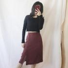 Long-sleeve Cropped Top/slit-side Midi Skirt
