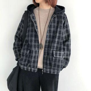 Hooded Plaid Zip Jacket Plaid - Black - One Size