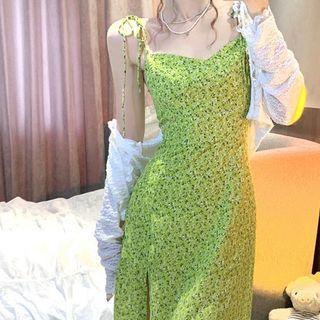 Spaghetti Strap Floral Slit Midi A-line Dress / Cardigan / Set