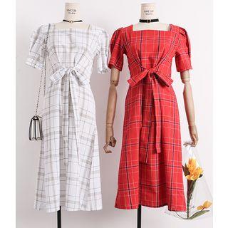 Square-neck Tie-waist Plaid A-line Dress
