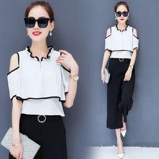 Set: Contrast Trim Cut Out Shoulder Elbow Sleeve Blouse + Culottes