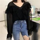 V-neck Bell Sleeve Ruffled Top