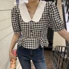 Short-sleeve Gingham Blouse Gingham - Black & White - One Size