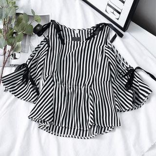 Bell-sleeve Cold-shoulder Striped Blouse