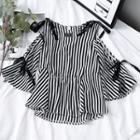 Bell-sleeve Cold-shoulder Striped Blouse