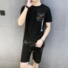 Set: Short-sleeve Lettering Paneled T-shirt + Wide-leg Shorts