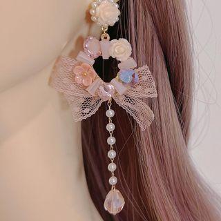 Ribbon Faux Pearl Fringed Earring 1 Pair - Pink - One Size