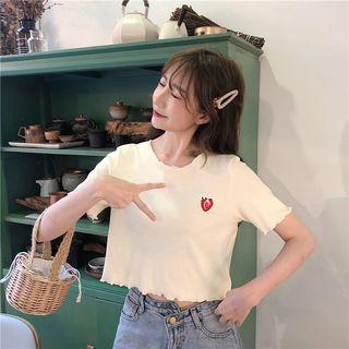 Short-sleeve Embroidered Strawberry Cropped T-shirt