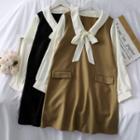 Ribbon-neckline Colorblock Mock Two-piece Dress