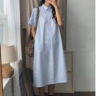 Short-sleeve Plain Shirt Dress Blue - One Size