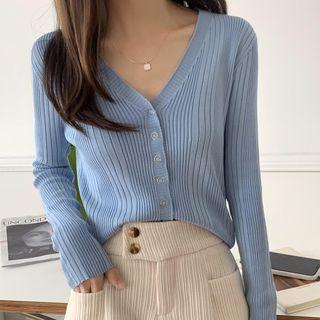 Long-sleeve V-neck Single-breasted Button Knit Top