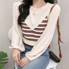 Balloon-sleeve Blouse / Striped Camisole Top