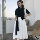 Set: Tie-waist Elbow-sleeve T-shirt + Midi A-line Skirt