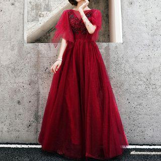 Rhinestone Mesh-sleeve Floral Applique A-line Evening Gown