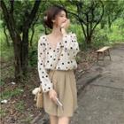 V-neck Dotted Chiffon Button-up Blouse