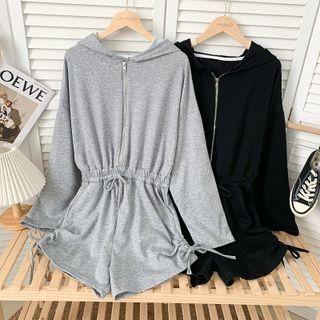 Drawstring-waist Half-zipper Hooded Playsuit