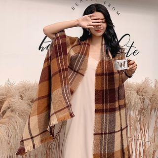 Plaid Fringed Shawl Brown - One Size
