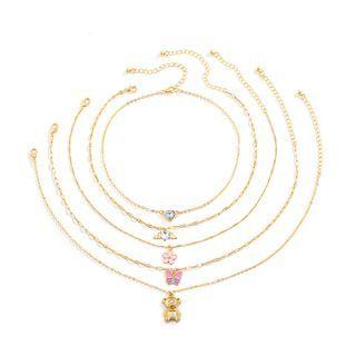 Set Of 3: Butterfly / Flower / Bear Pendant Layered Alloy Necklace Gold - One Size