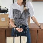 Puff-sleeve Mock Two-piece Plaid Drawcord Top