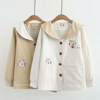 Sailor Collar Cat Embroidered Buttoned Top