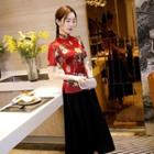 Short-sleeve Floral Print Cheongsam Top / Midi A-line Skirt / Set