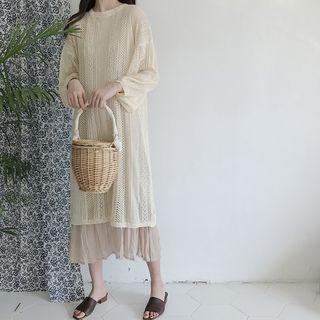 Pointelle Knit Long Sweater / Spaghetti-strap Midi Dress