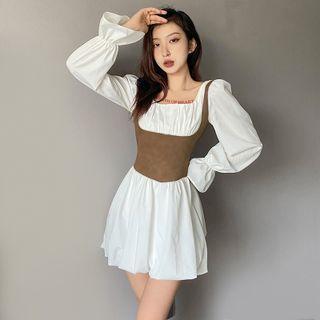 Mock Two-piece Puff-sleeve Shirred A-line Dress
