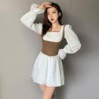 Mock Two-piece Puff-sleeve Shirred A-line Dress
