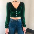 Velvet Buttoned Long-sleeve Cropped Blouse