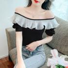 Off-shoulder Ruffle Panel Cropped T-shirt