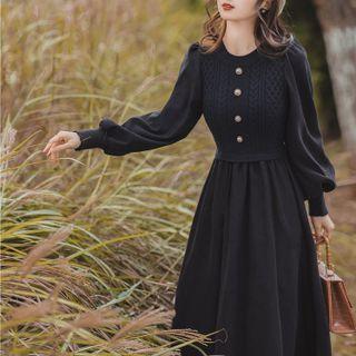Long-sleeve Embellished Knit Midi A-line Dress