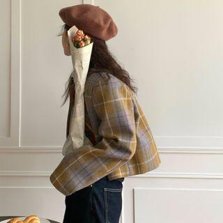 Plaid Cropped Button-up Jacket Plaid - Khaki Yellow & Light Gray - One Size