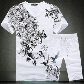 Set: Short Sleeve V-neck T-shirt + Drawcord Shorts