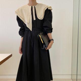 Asymmetric Collar A-line Midi Dress Black - One Size